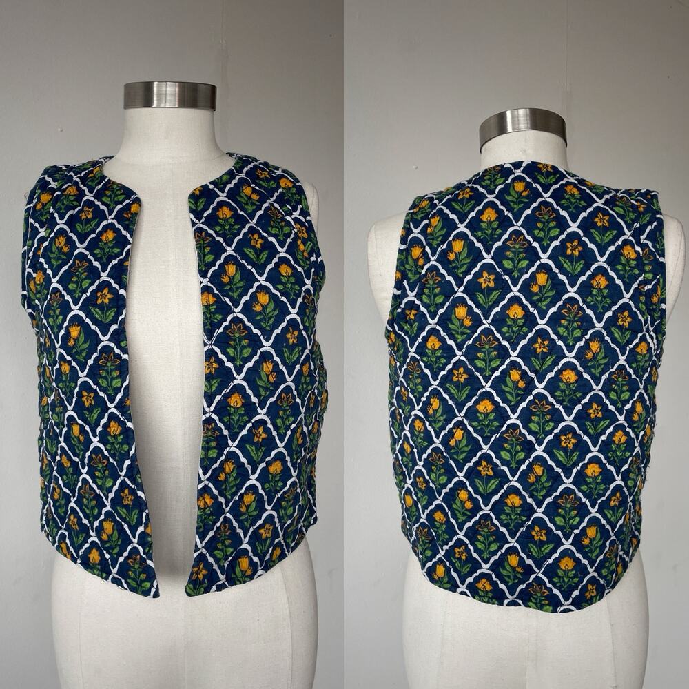 JAPNA Quilted Floral Indian Cotton Open Vest / Sz M / Boho Retro Hippie - Picture 2 of 10